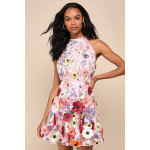 Lulus Blooming Bliss Pink 3d Floral Embroidered Halter Mini Dress - Size S